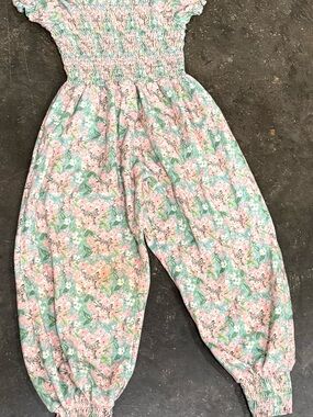 SweetHoney Floral Smocked One-Piece Jumpsuit in Pink and Green